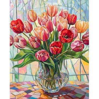 Imagem de Kit de pintura a óleo de buquê de tulipas por números, pintura de fundo de vidro manchado por números, tela de 40,6 x 50,8 cm, faça você mesmo, kits fáceis de pintar, com pincéis, pigmento acrílico