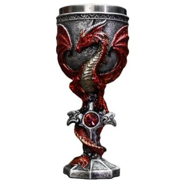 Imagem de DINTSTYLE Cálice de vinho de dragão de chama medieval, taça de vinho de resina cálice com forro de aço inoxidável, cálice Fantasy Dungeons and Dragons 200 ml (comprimento)