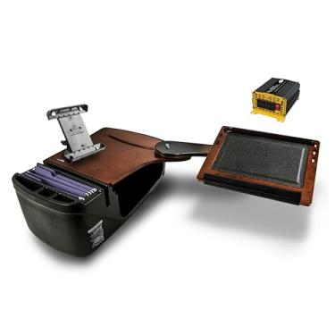 Imagem de AutoExec AE-RDBSLH-PI-TAB-21M Reach Car Desk para sua estação de trabalho de veículo e escritório móvel, banco traseiro lado esquerdo, mogno com inversor de potência de 400 watts e suporte para tablet