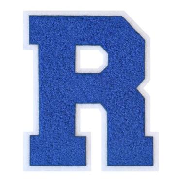 Imagem de 1 PÇ Patch de letra de chenille de ferro azul de 15 cm com borda branca – Remendos do alfabeto para roupas, jaquetas, mochilas, chapéus para decoração personalizada, nome personalizado e artesanato