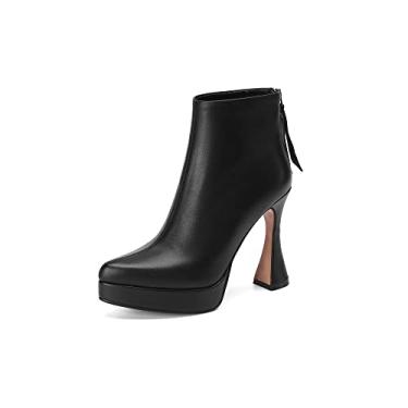 Imagem de TinaCus Bota feminina de couro legítimo de bico fino feito à mão com zíper nas costas e salto alto com plataforma, Preto, 38