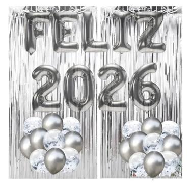 Imagem de Kit de Decoração para Ano Novo 2026, Cortina Metálica Prata com Balões e Números Infláveis, 23 Peças para Festa