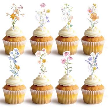 Imagem de Decorações de chá de bebê flores silvestres em flor - 36 peças de enfeite de cupcake de flores silvestres decorações de festa de aniversário, enfeites de cupcake de flores florais decorações de bolo