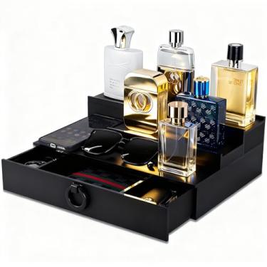 Imagem de GOH&FTY Suporte organizador de colônia de 3 camadas à prova d'água - acrílico preto fosco de 5 mm com compartimentos e gavetas ocultos anti-impressões digitais, estojo de exibição de banheiro/cômoda