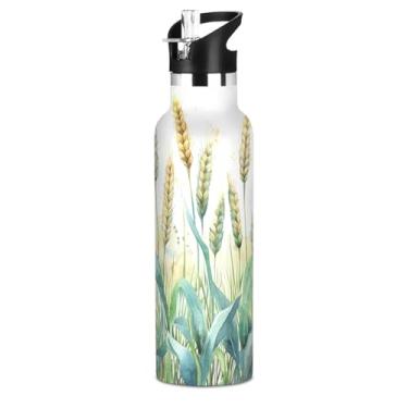Imagem de Blueangle Garrafa de água de 590 ml com canudo – Garrafa de água esportiva de aço inoxidável sem BPA, design de campo de trigo em aquarela à prova de vazamento para academia, atividades ao ar livre