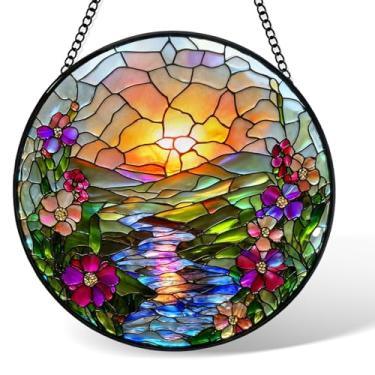 Imagem de Vitral pendurado em vitral, painel de vidro para apanhadores de sol do lago nascer do sol, 20 cm, aniversário para mulheres, homens, mãe e amigo, colega