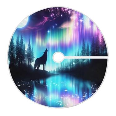 Imagem de Blueangle Saia de árvore de Natal de lobo Aurora Boreal de 120 cm - poliéster macio e resistente a rugas, decoração de férias para festas de Natal, árvore festiva e decoração de casa (215)