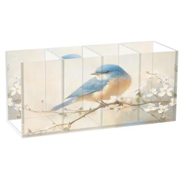 Imagem de SEHANY Lindo porta-canetas de acrílico com flores em aquarela, pássaro, 4 compartimentos, porta-lápis transparente, organizador de pincéis de maquiagem, organizador de papelaria para escritório, casa