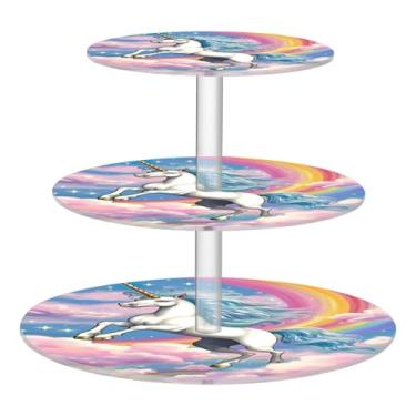 Imagem de Blueangle Suporte redondo de cupcake de 3 camadas – Torre de sobremesa acrílica de cavalo arco-íris, suporte de sobremesa em camadas antiderrapante para chá de bebê, aniversário, festa de casamento
