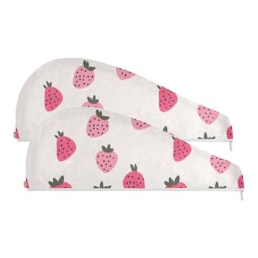 Imagem de SEHANY Toalha de cabelo de microfibra de morangos rosa aquarela para mulheres, 2 peças, turbantes de cabelo de secagem rápida com botão, touca de cabelo seco absorvente toalha de secagem de cabelo