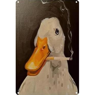 Imagem de Placa de metal engraçada de pato fumante, adequada para quarto, caverna masculina, sala de estar, banheiro, decoração de arte de parede de quarto infantil, pôster impermeável de alumínio de 20 x 30 cm