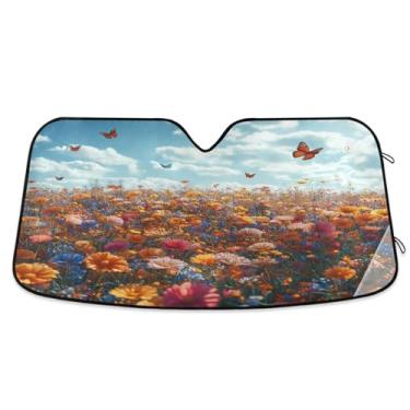 Imagem de ATTX Pára-brisas de carro colorido flores silvestres prado para-sol 144.8 cm x 80.0 cm protetor solar universal com proteção UV, persiana de janela frontal automática dobrável para Sedans SUVs