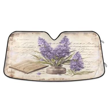 Imagem de ATTX Para-brisa de carro lavanda vintage 134.6 cm x 59.7 cm escudo solar universal com proteção UV, persiana de janela frontal automática dobrável para caminhões Sedans SUVs #894