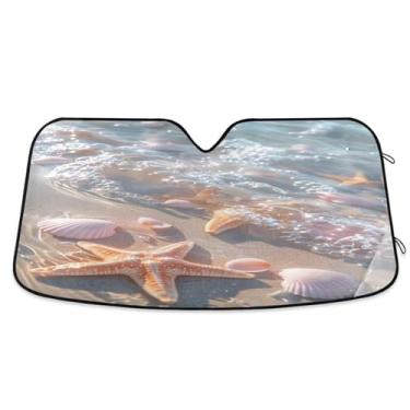 Imagem de ATTX Para-brisa de carro Sand and Seashells 134.6 cm x 59.7 cm Protetor solar universal com proteção UV, persiana de janela frontal automática dobrável para caminhões Sedans SUVs #342