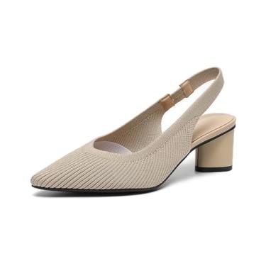 Imagem de AIVYFAJA Sandália feminina de malha de bico fino com tiras elásticas e costas nuas, salto grosso, confortável, casual, sem cadarço, para festa, trabalho formal, Damasco leve, 41