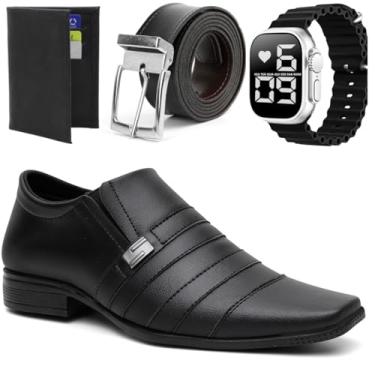 Imagem de Kit Masculino Elegante, Sapato Social Preto, Carteira, Cinto, Relógio Digital, 4 Peças