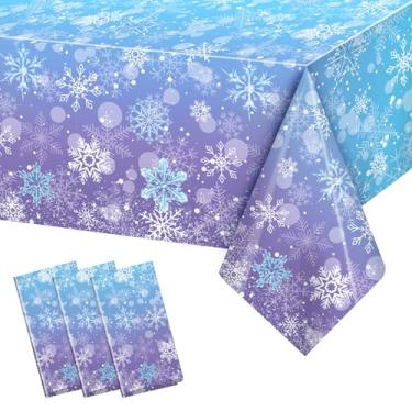 Imagem de 3 peças de decoração de toalha de mesa congelada de inverno, azul e roxo, floco de neve, inverno, país das maravilhas descartável, capa de mesa de PE retangular para decoração de Natal, feriado de ano