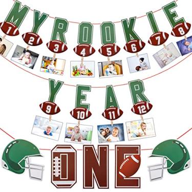 Imagem de 2 peças 1º aniversário mensal foto banner Rookie of the Year 1st Birthday Banner infantil 1st Year Picture Banner One Birthday High Chair Banner Sports Party Supplies Shower Decorações (Futebol)