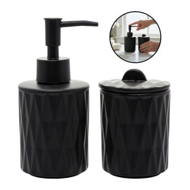 Imagem de Kit Banheiro Lavabo Preto Cerâmica 2 Pçs Porta Sabonete