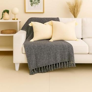 Imagem de Manta Capa para Sofá Gigante 240x180 cm - 100% Algodão com Franjas, Proteção Total, Conforto e Decoração para Sala de Estar(Cinza com preto mesclado)