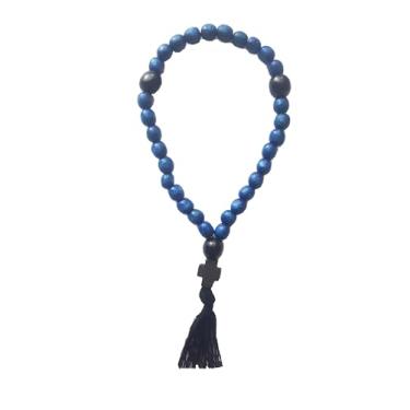 Imagem de Corda de oração ortodoxa Christian Chotki 30 nós Komboskoini Cruz de madeira azul
