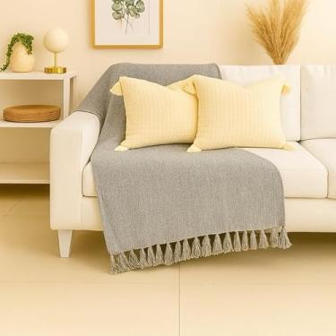 Imagem de Manta Capa para Sofá Gigante XGG 240x180 cm - 100% Algodão, Com Franjas, Proteção e Decoração Luxuosa para Sofá de Casal ou 3 Lugares (Neblina)