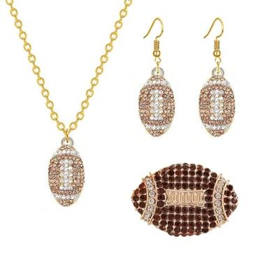 Imagem de Conjunto de 3 pares de brincos de futebol de strass para mulheres e homens delicados pinos de cristal bola americana rugby basquete vôlei beisebol brincos colares conjunto de joias coleção de equipe