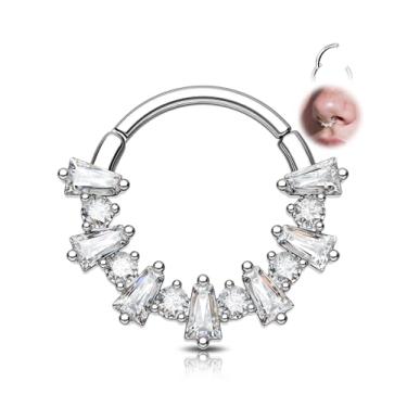 Imagem de Melighting Anel de septo de 16 G, joia de piercing Daith de fogos de artifício, aço inoxidável 316L, argola clicker de losango, zircão septo, brinco de cartilagem de hélice prata para mulheres 8/10 mm