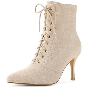 Imagem de Allegra K Botas femininas de bico fino com zíper lateral e salto agulha, Bege, 41