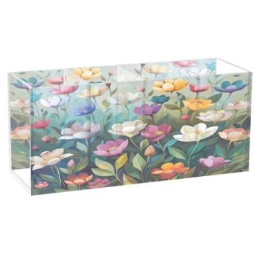 Imagem de CEBUGI Porta-lápis de acrílico transparente com 4 compartimentos, organizador de pincéis de maquiagem de flores silvestres em aquarela, para armazenamento em mesa de escritório em casa