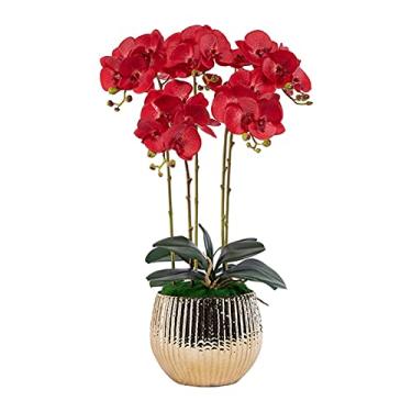 Imagem de LMJYU Flores artificiais com vaso Phalaenopsis Orquídea flor falsa em vaso centros de mesa para sala de jantar, decoração de arranjos lindo fluxo artificial