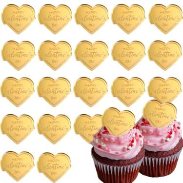 Imagem de 20 peças de enfeite de cupcake de acrílico de coração dourado disco espelhado feliz dia dos namorados, enfeites de cupcake para casamento, aniversário, dia das mães, decoração de bolo, suprimentos de