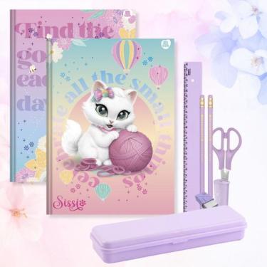 Imagem de Caderno Brochura Capa Dura Gatinha Sissi 2un com Kit Escolar Lilás 7pc