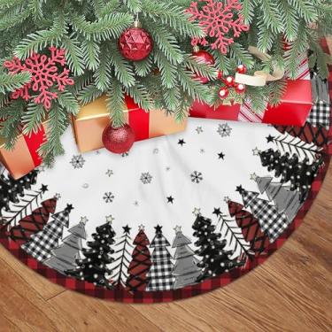 Imagem de Saia para árvore de Natal, 91 cm, xadrez, vermelha, estampa de floco de neve e árvore, base de árvore, tapete para decoração de festa de Natal, ano novo, decoração de festa em casa