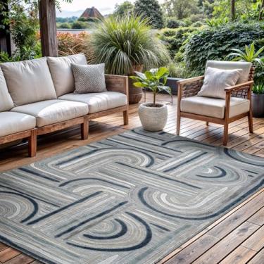 Imagem de CAMILSON Tapete para ambientes internos e externos, azul 15 x 23 cm, arco geométrico, listrado, tapete para pátio e casa, sala de estar, jardim e deck lavável (6 x 9)