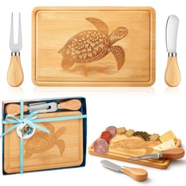 Imagem de Ziliny Conjunto de tábua de queijo em forma de tartaruga marinha, pequena tábua de corte de charcutaria, travessa de madeira com facas, garfos, bandejas de servir engraçadas, presente de tartaruga