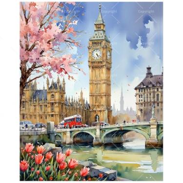 Imagem de Kit de pintura por números London Scene para adultos - DIY Big Ben e flores de cerejeira com pintura de ônibus vermelho em tela, conjunto de tinta acrílica para iniciantes, arte para decoração de casa