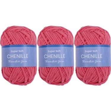Imagem de Pacote com 3 fios de chenille Threadart para crochê, tricô, amigurumi, fio de veludo de pelúcia super macio - 50 gramas 60 metros #5 novelos fofos - rosa brilhante 05