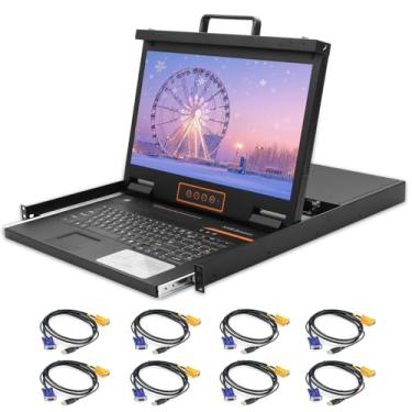 Imagem de Kinan Console Kvm de Montagem Em Rack de 8 Portas, Tela Lcd de 18,5" 1080P, Teclado de Monitor de Montagem Em Rack 1U, Switch Vga Kvm com Cabos, Botão de Suporte/Tecla de Atalho/Comutação Osd, Durável