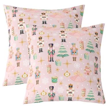 Imagem de Erosebridal Pacote com 2 capas de travesseiro rosa de Natal 50 x 50 cm, capas de travesseiro de quebra-nozes de Natal, capas decorativas de princesa castelo sonhador, capas de almofada de neve de