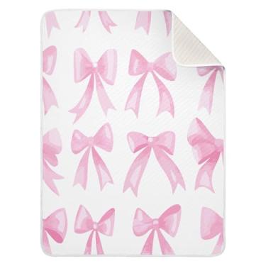 Imagem de Qilmy Cobertor de bebê Pink Bows 76 x 101 cm, cobertor infantil de algodão macio para meninos e meninas, cobertor infantil leve e quente para berço, carrinho de bebê, soneca, recém-nascido