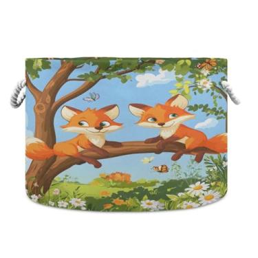 Imagem de JUZIHAI Linda cesta de armazenamento dobrável de raposas vermelhas para bebês, cesto de roupa suja, cobertor com alças de corda de algodão, caixa organizadora de armário dobrável para quarto, berçário