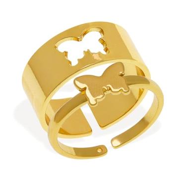 Imagem de Frigotine Anéis de ouro grosso combinando para casais, Dia dos Namorados, ajustável, moderno, simples, coração, cruz, borboleta, vazado, empilhável, amor, noivado, compromisso, casamento, presente,