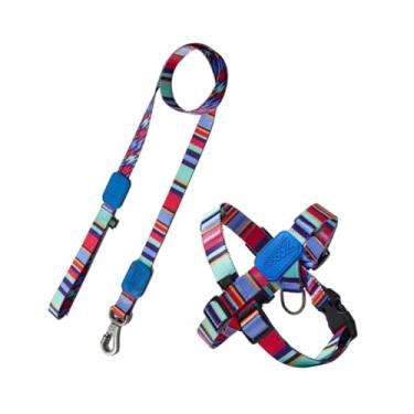 Imagem de Peitoral de Cachorro Tipo X com Guia (Conjunto) | Estampa Raios e Listras Azul | Tamanho P (0-8Kg) | Ajustável, Confortável e Resistente