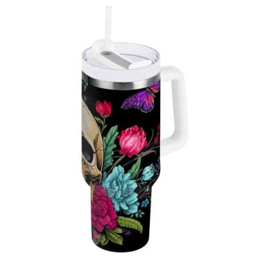 Imagem de ODAWA Copo grande de borboletas de flores de caveira isolado com alça e palha, copo isolado a vácuo