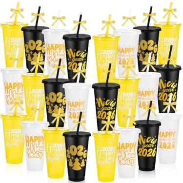 Imagem de Yoiemivy Pacote com 24 copos de feliz ano novo com tampas e canudos 2026 reutilizáveis copos de presente de véspera de ano novo a granel 680 g copos de plástico para lembrancinhas de festa de Nye