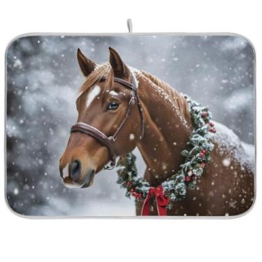 Imagem de Tapete de secagem de pratos de cavalo nevado, tapete de barra de café reversível, tapete absorvente para decoração de bancada de cozinha 45 x 61 cm