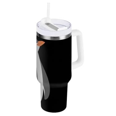 Imagem de ODAWA Copo grande à prova de derramamento com palha, copo de aço inoxidável preto pinguim isolado a vácuo com tampa e canudo