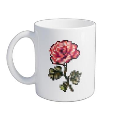 Imagem de Caneca Xícara de Café Porcelana 300ml Com Desenho Arte de Pixel de Flor de Rosa