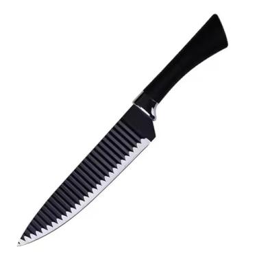 Imagem de Kit Facas de Cozinha com Lâmina Serrilhada, Aço Inox com Revestimento Antiaderente Preto, 6 Peças com Tesoura e Descascador